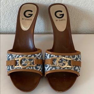 G BY GUESS classic logo Wooden Heels mules